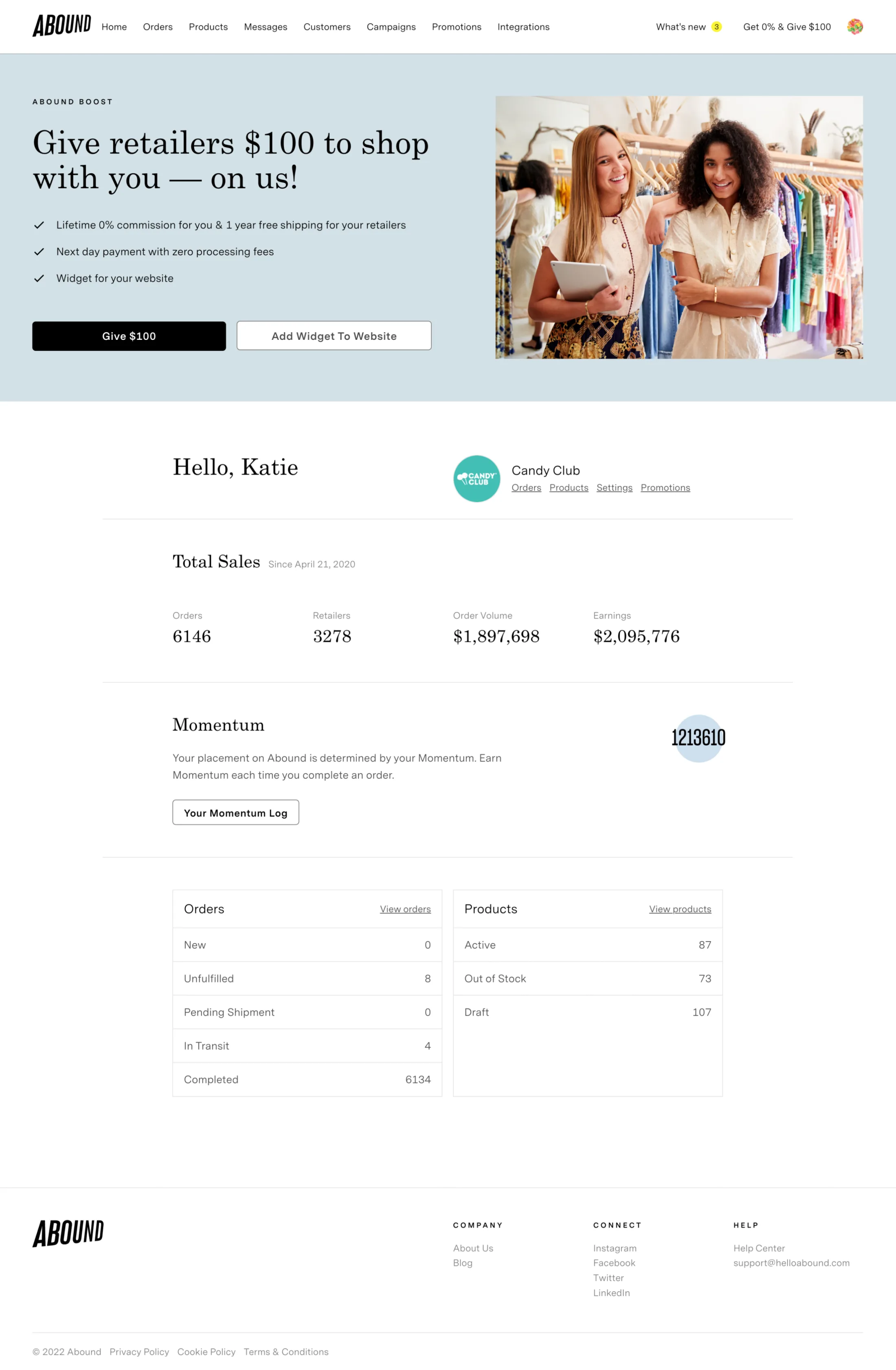 Abound brand dashboard showing sales information and tools for managing the wholesale business.
