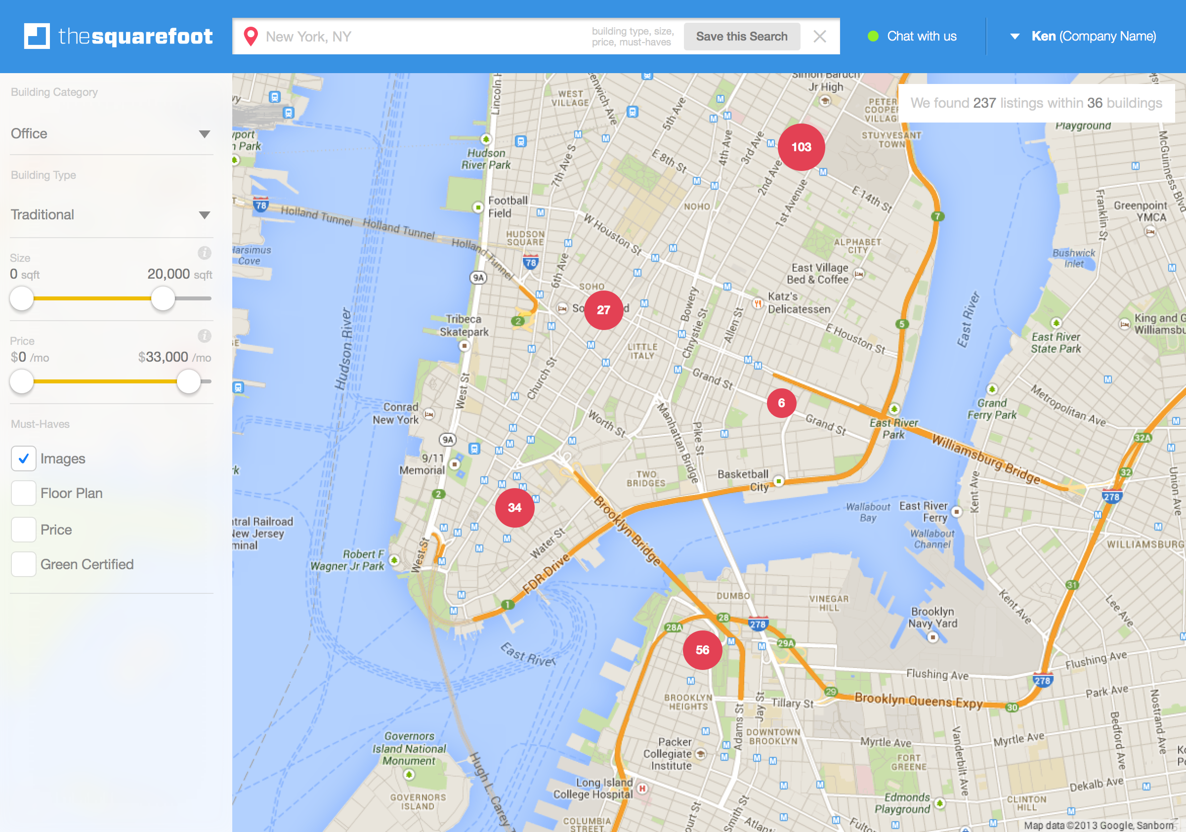 SquareFoot office search with a map, building clusters and filters for size, price and must-haves.