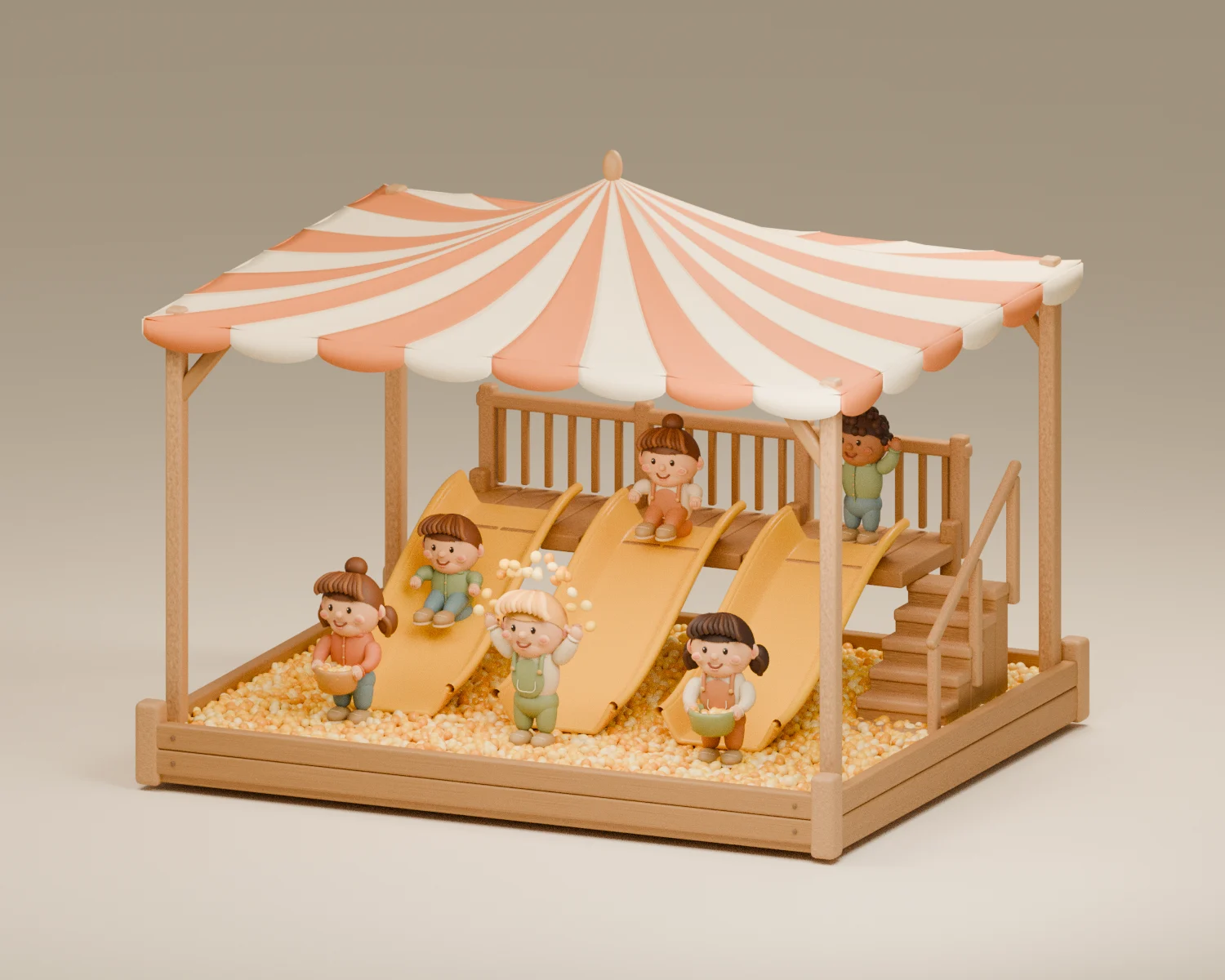 An illustrated miniature corn pit under a striped tent, with three yellow slides and toy children playing.