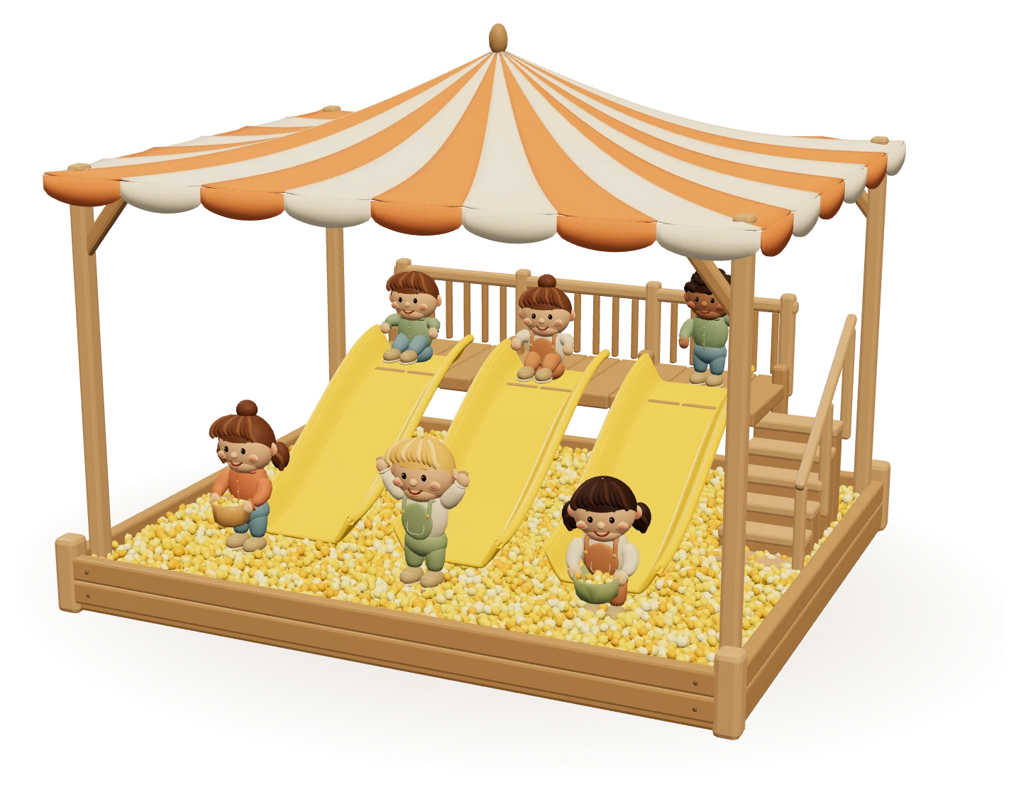 An illustrated miniature corn pit under a striped tent, with three yellow slides and toy children playing.